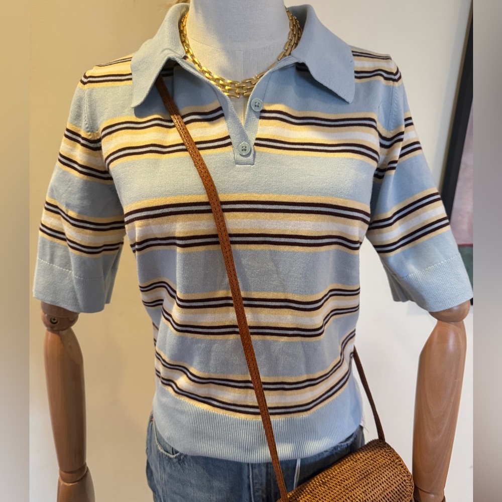 Reformation Light Blue Striped Polo Tee with Brown and Cream Stripes